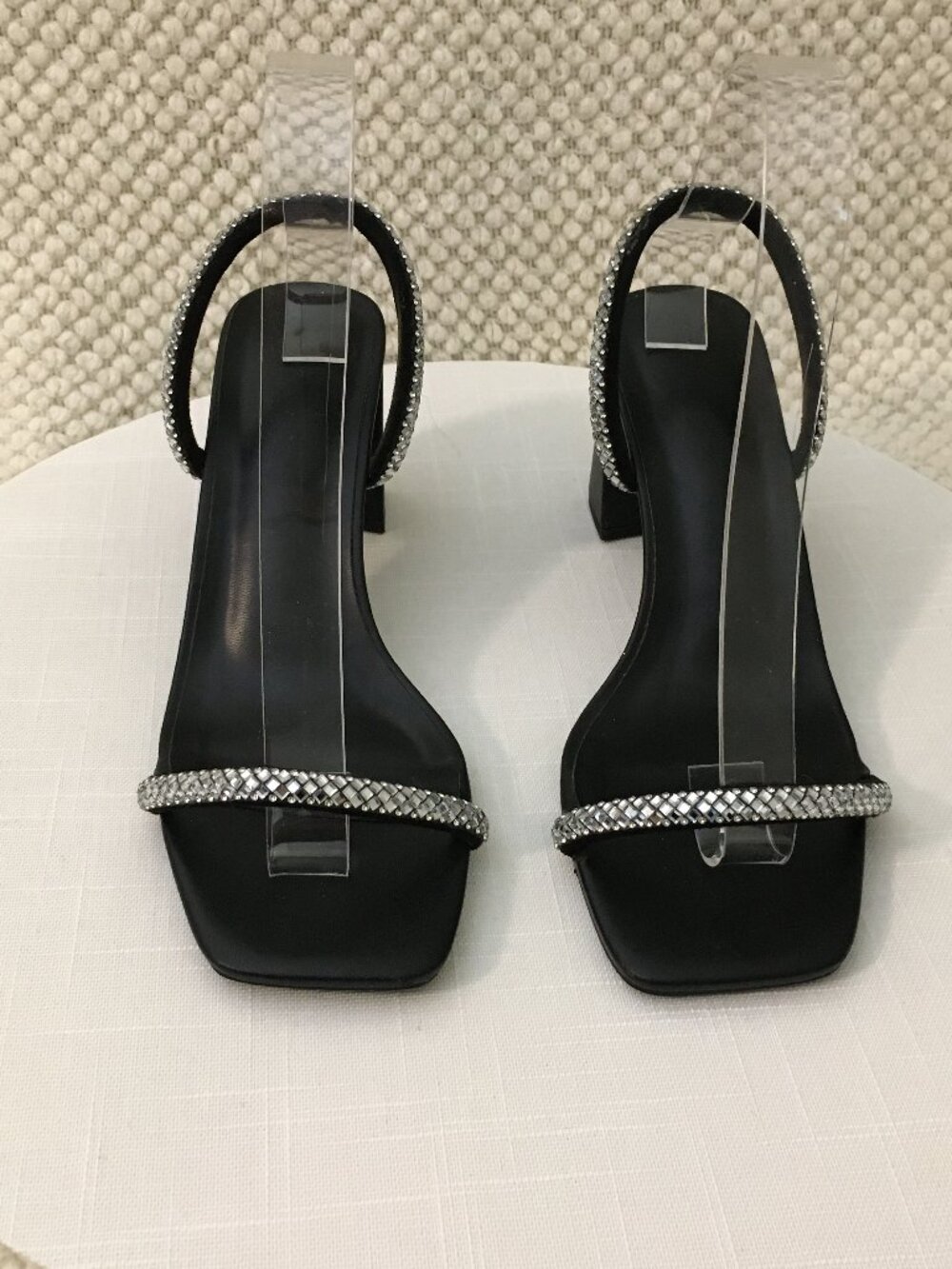 Women's Sandals, Black, Block Heel, 7 US , Straps, Rhinestones